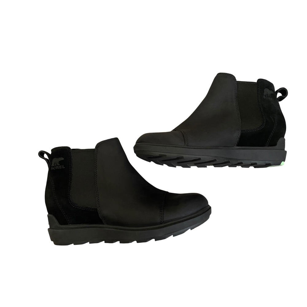 SOREL Evie II Wedge Chelsea Boot Black Leather Suede Waterproof 7.5 - Picture 4 of 10